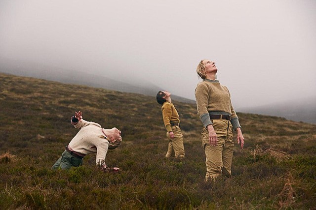 Dancers wearing Jeni Allison knitwear on moorland for a Scottish Sculpture Workshop production