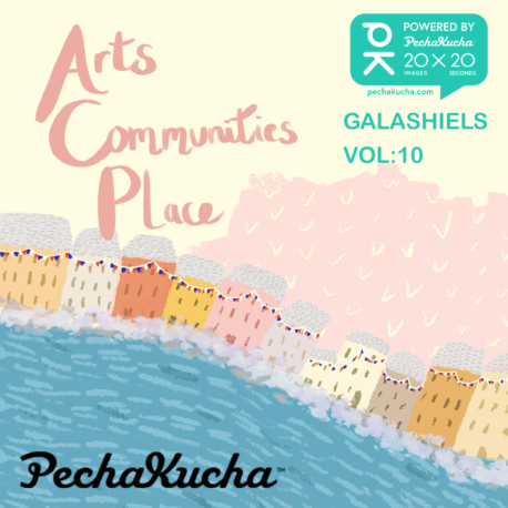 Square illustrated image of pastel coloured houses and a cloudy background. Text reads Arts Communities Place and the image features the Pecha Kucha logo.
